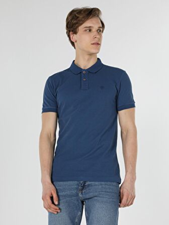 Slim Fit Polo Yaka Erkek İndigo Polo Kısa Kol