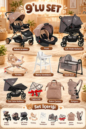 9 Parça Bebek Çeyiz Seti Bebek Arabası Puset Beşik Yürüteç Ana Kucağı Kanguru Bebek Bakım Çantası