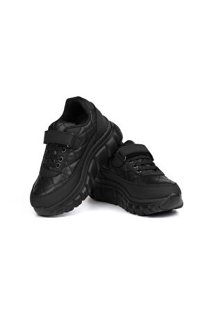 Unisex Çocuk Siyah Bağcıklı Cırtlı Sneaker Rahat Spor Ayakkabı