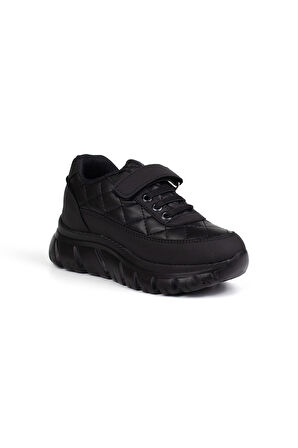 Unisex Çocuk Siyah Bağcıklı Cırtlı Sneaker Rahat Spor Ayakkabı