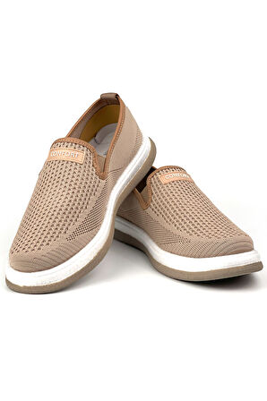 Erkek Bej Çok Hafif Triko Bağcıksız Esnek Hafif Günlük Casual Sneaker Spor Ayakkabı