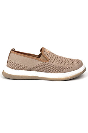 Erkek Bej Çok Hafif Triko Bağcıksız Esnek Hafif Günlük Casual Sneaker Spor Ayakkabı