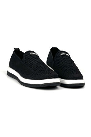 Erkek Siyah Beyaz Çok Hafif Triko Bağcıksız Esnek Hafif Günlük Casual Sneaker Spor Ayakkabı