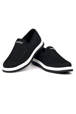 Erkek Siyah Beyaz Çok Hafif Triko Bağcıksız Esnek Hafif Günlük Casual Sneaker Spor Ayakkabı