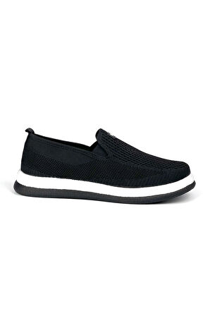 Erkek Siyah Beyaz Çok Hafif Triko Bağcıksız Esnek Hafif Günlük Casual Sneaker Spor Ayakkabı