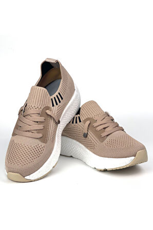 Kadın  Bej Triko Günlük Rahat Ortopedik Terletmeyen Spor Sneaker Ayakkabı