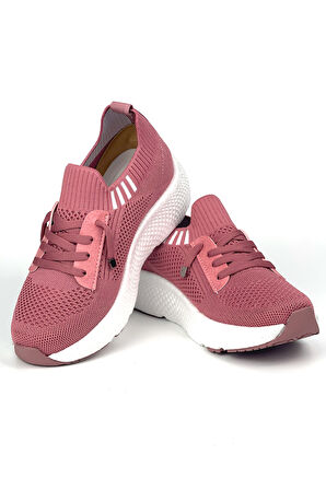 Kadın Gül Kurusu Çok Hafif Triko Günlük Rahat Ortopedik Terletmeyen Spor Sneaker Ayakkabı