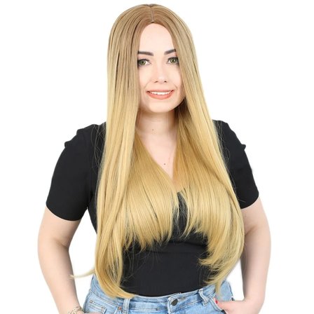 Fiber Sen Uzun Düz Peruk / Kumral / Sarı Ombreli