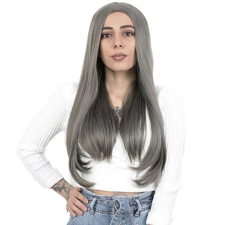 Fiber Sen Uzun Düz Peruk / Koyu Gri