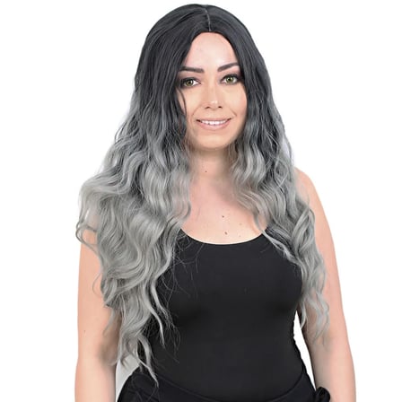 Su Daası Uzun Perçemsiz Fiber Sen Peruk / Siyah / Gri Ombreli