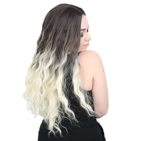 Su Daası Uzun Perçemsiz Fiber Sen Peruk / Küllü Siyah / Platin Ombreli