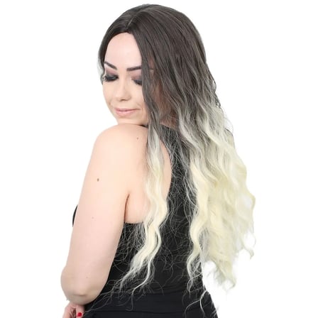Su Daası Uzun Perçemsiz Fiber Sen Peruk / Küllü Siyah / Platin Ombreli
