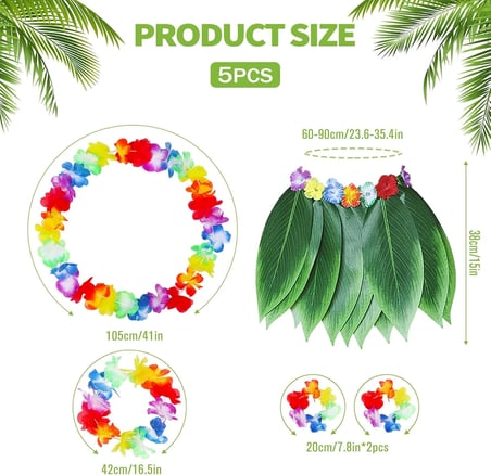 Çuk Hawaii Kostüm Seti - Yaprak Etek &amp; Hawaii Set - 5 Parça
