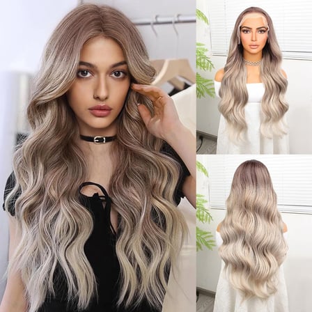 Rus Kumralı Beyaz Platin Ombre  ve Röfleli Fiber Sen Geniş Daalı Tül Peruk