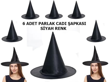 Siyah Renk Parlak Drn Cadı Şapkası Yetişkin ve Çuk Uyumlu 6 Adet
