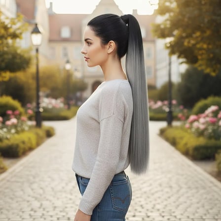 Lastik Tokalı At Kuyruğu Düz / Siyah / Gri Ombre