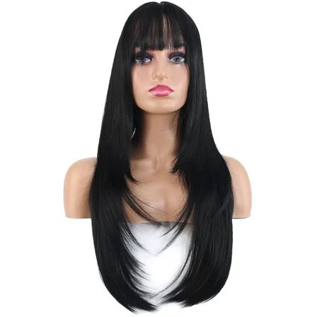 Katlı Kesim Perçemli Düz Fiber Sen Uzun Boy Peruk / Siyah