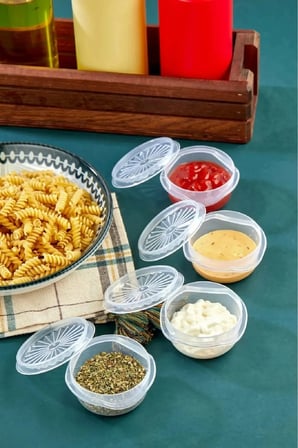 6 lı Yelpaze Kapaklı Şeffaf Mini Sosluk- Ketçap Mayonez Kabı- Kahve Yanı Şeker luk