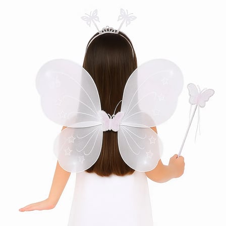 Beyaz Kelebek Kız Seti – 50 cm Kelebek Kanadı, Taç ve Asa