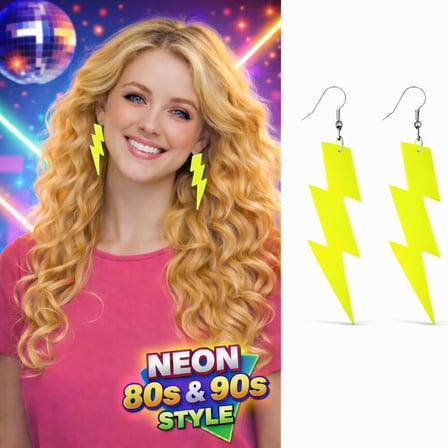 80’ler 90&amp;#39;lar Retro Neon Sarı Şimşek Küpe 10 cm