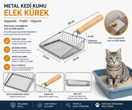 Metal Kedi Kumu Elek Kürek Ahşap Saplı Paslanmaz Kum Küreği 26 cm