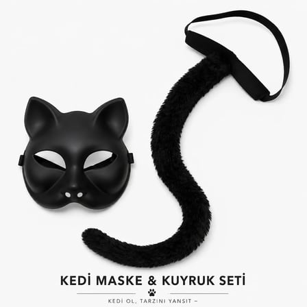 Siyah Kedi Maskesi ve Peluş Kuyruk Kostüm Seti 70 cm