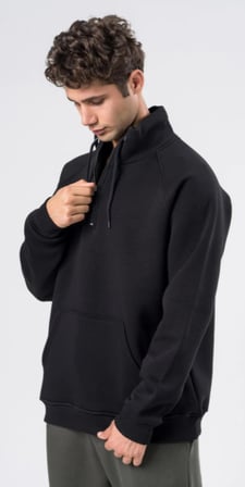 COAL CİTY Erkek Relaxed Fit Reglan Yarım Fermuarlı Kanguru Cepli Siyah Sweatshirt