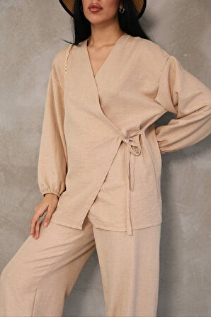 Kadın Bej Kruvaze Bağlamalı Sofya Keten Takım (2’li Set)