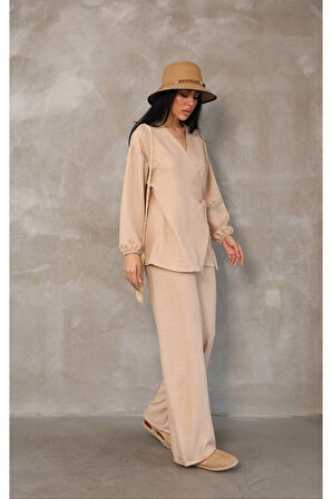 Kadın Bej Kruvaze Bağlamalı Sofya Keten Takım (2’li Set)