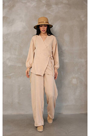 Kadın Bej Kruvaze Bağlamalı Sofya Keten Takım (2’li Set)