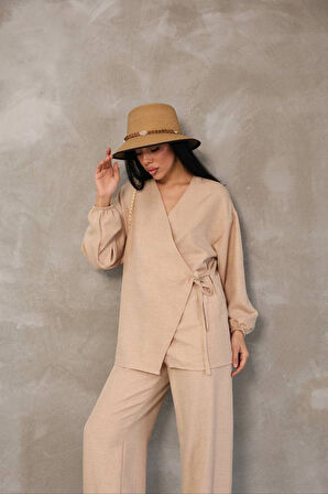 Kadın Bej Kruvaze Bağlamalı Sofya Keten Takım (2’li Set)