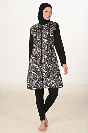 Siyah Beyaz Yaprak Desenli 3 Parça Tam Kapalı Tesettür Mayo Takımı