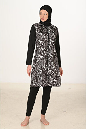 Siyah Beyaz Yaprak Desenli 3 Parça Tam Kapalı Tesettür Mayo Takımı