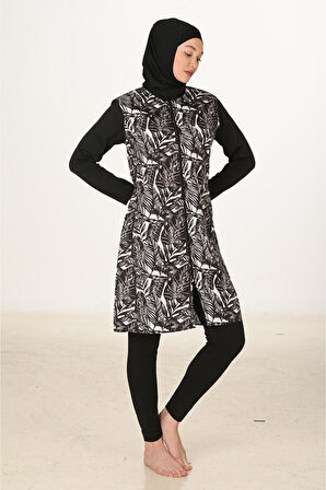 Siyah Beyaz Yaprak Desenli 3 Parça Tam Kapalı Tesettür Mayo Takımı