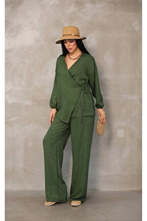 Kadın Yeşil Kruvaze Bağlamalı Sofya Keten Takım (2’li Set)