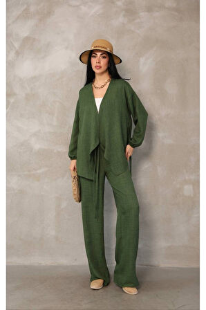 Kadın Yeşil Kruvaze Bağlamalı Sofya Keten Takım (2’li Set)