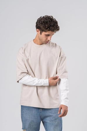COAL CİTY Erkek Ekru Oversize Çift Renkli Uzun Kollu T-Shirt
