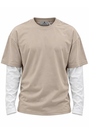 COAL CİTY Erkek Ekru Oversize Çift Renkli Uzun Kollu T-Shirt