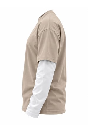 COAL CİTY Erkek Ekru Oversize Çift Renkli Uzun Kollu T-Shirt