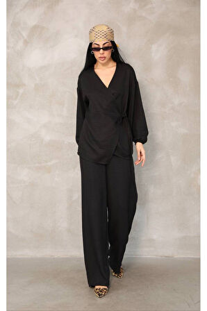 Kadın Siyah Kruvaze Bağlamalı Sofya Keten Takım (2’li Set)