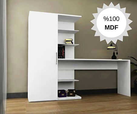 MDF Narin Raflı Dolaplı Çalışma Masası BEYAZ (DOLAP SOLDA)