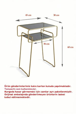 Retro Yan Sehpa, Metal Sehpa, Cam Sehpa, Salon, Yatak Odası, Antre Füme Cam Gold