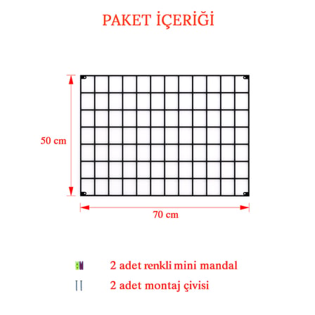 Metal Fotoğraf Askısı Tel Pano Siyah 50x70 2 Adet Mini Mandal Ve 2 Adet Montaj Çivisi Hediye
