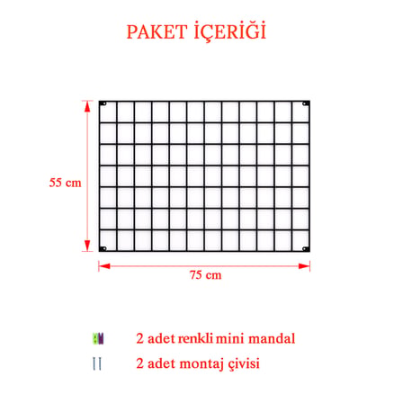 Metal Fotoğraf Askısı Tel Pano Siyah 55x75 - 2 Adet Mini Mandal Ve 2 Adet Montaj Çivisi Hediye