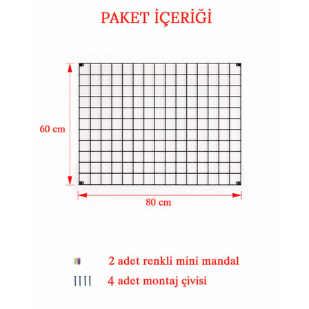 60x80 Metal Fotoğraf Askısı Tel Pano Siyah 2 Adet Mini Mandal 4 Adet Montaj Çivisi Hediyeli