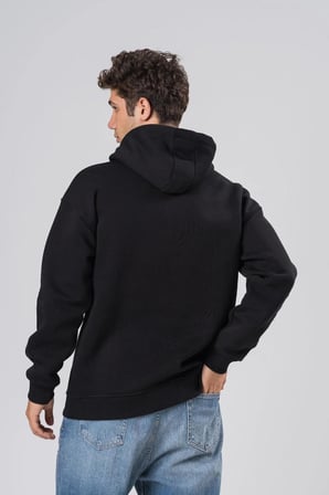 COAL CİTY Erkek Siyah 3 İplik Şardonlu Oversize Kapüşonlu Sweatshirt Yumuşak Dokulu