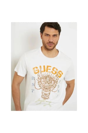 GUESS  Erkek Ejderha Baskılı Bisiklet Yaka Pamuklu Kısa Kollu T-Shirt M4GI21K8FQ4