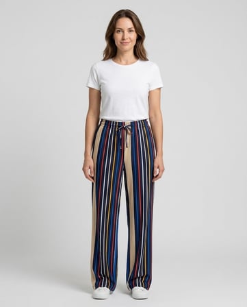 POLİN Çizgili Beli Lastikli Ve Bağlamalı Wide Leg Pantolon 124032