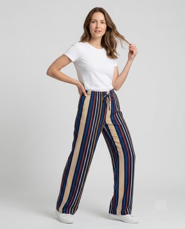 POLİN Çizgili Beli Lastikli Ve Bağlamalı Wide Leg Pantolon 124032