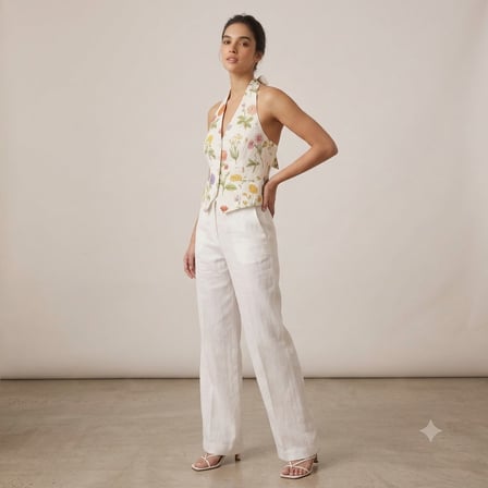 SAYTEKS Çiçek Desenli Halter Yaka Ekru Crop Bluz 2314053